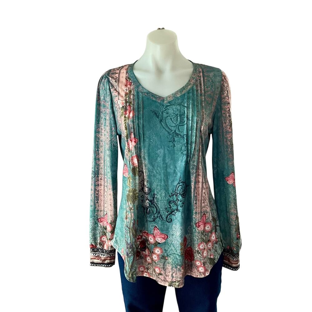 Teal and Pink Floral Butterfly Blouse: 90s, Y2K, Modern